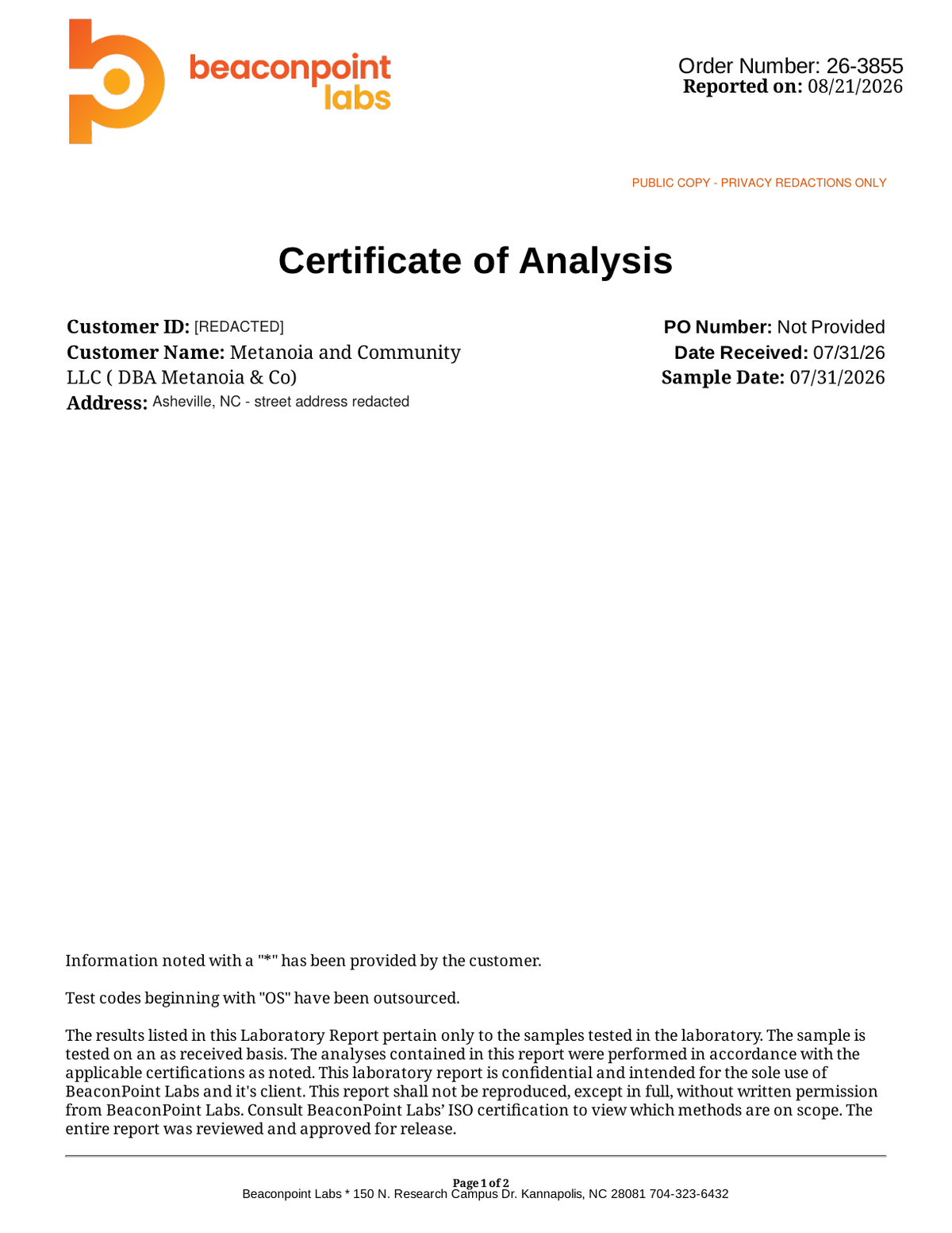 Page 1 of the privacy-redacted BeaconPoint Labs Certificate of Analysis for lot 2030.12.25.03.