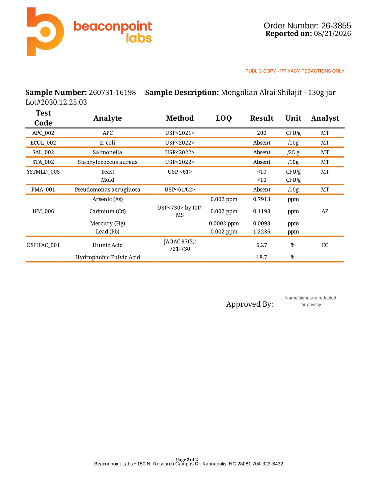 Page 2 of the privacy-redacted BeaconPoint Labs report showing laboratory results for sample 260731-16198, lot 2030.12.25.03.
